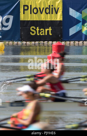 Plovdiv, Bulgaria, Sunday, 9th September 2018. FISA, World Rowing Championships, Start of a heat  of the Lightweight,  Women's Double Sculls,  © Peter SPURRIER, Alamy Live  News, Stock Photo