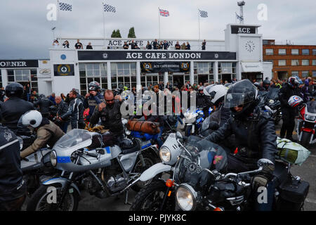 London, UK. 9th September , 2018The annual Ace Cafe Brighton Burn Up where bikers gather at the Ace Cafe in North London and travel to brighton. Andrew Steven Graham/Alamy Live News Stock Photo