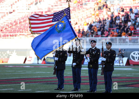 Las Vegas, NV, USA. 8th Sep, 2018. Members of the Honor Guard presented the colors prior to the start of the NCAA football game between the UTEP Miners and the UNLV Rebels at Sam Boyd Stadium in Las Vegas, NV. The UNLV Rebels defeated the UTEP Miners 52 to 24.Christopher Trim/CSM/Alamy Live News Stock Photo