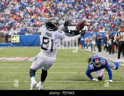 East Rutherford, New Jersey, USA. 9th Sep, 2018. Jacksonville Jaguars tight  end Niles Paul (81) can't hold on to a pass deflected by New York Giants  defensive back Janoris Jenkins (20) (not