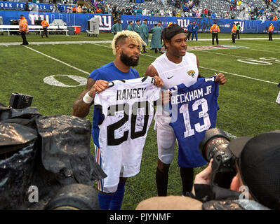 East Rutherford, New Jersey, USA. 9th Sep, 2018. New York Giants wide  receiver Odell Beckham (13) and Jacksonville Jaguars cornerback Jalen Ramsey  (20) swap jerseys after a NFL game between the Jacksonville