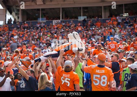 Denver, USA. September 09, 2018: Denver Broncos mascot Miles