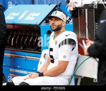 September 9, 2018 - East Rutherford, New Jersey, U.S. - Jacksonville Jaguars  quarterback Blake Bortles (5) looks to pass during a NFL game between the  Jacksonville Jaguars and the New York Giants