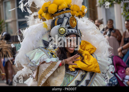 London, UK. 9th September 2018. The Hackney Carnival. The streets were full of stalls, floats, performers and spectators enjoying the carnival spirit. This years Carnival, the biggest yet, had 28 carnival groups and 1000 performers taking part.  The carnivals theme was Iconic Hackney. Organised by Hackney Council, tfl, Shoreditch Town Hall, Global Carnivalz and Hackney Walk. Credit: Stephen Bell/Alamy Live News. Stock Photo