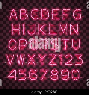 Shining and glowing red neon alphabet and digits. Stock Vector