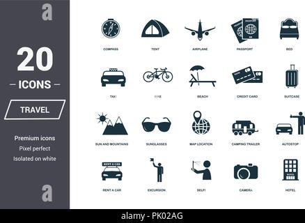 Travel icons set. Premium quality symbol collection. Honeymoon icon set simple elements. Ready to use in web design, apps, software, print Stock Vector
