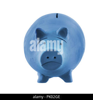Depressed, blue money box aka piggy bank, isolated on white. Poverty concept. Stock Photo