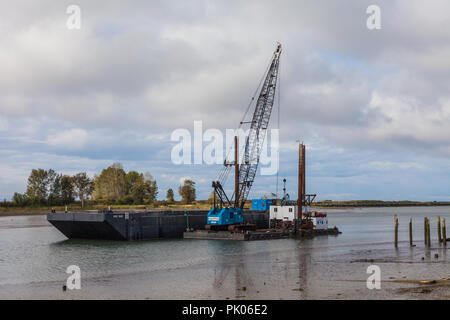 Floating dredging barge on the Fraser River with an empty debris barge alongside at Steveston Stock Photo