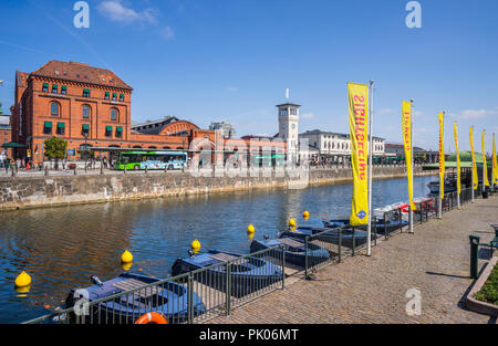 view of Malmö Central Station across Östra Hamnkanalen (Inner Harbour Canal), Malmö, Scania, Sweden Stock Photo