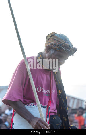 BAJAWA, INDONESIA - MAY 19: Unidentified elder at traditional boxing match near  Bajawa in East Nusa Tenggara, Indonesia on May 19, 2017. Stock Photo