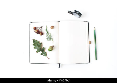 Autumn desktop stationery mock-up scene. Blank notebook with pencil, black washi tape, oak leaf, acorn and little apples on white table background. Flat lay, top view. Botanical herbarium design. Stock Photo