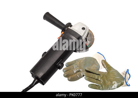 angle grinder and gloves isolated on white background Stock Photo