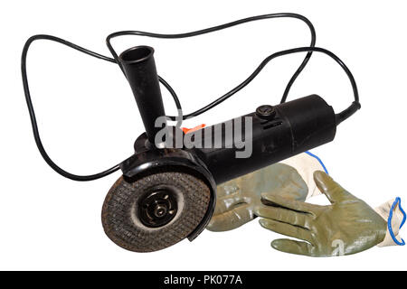 angle grinder and gloves isolated on white background Stock Photo