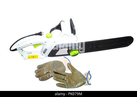 chainsaw and gloves isolated on white background Stock Photo