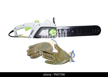 chainsaw and gloves isolated on white background Stock Photo