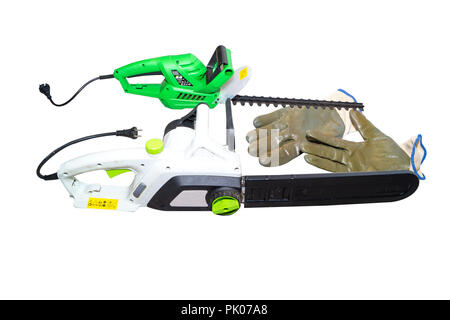 chainsaw and hedge trimmers isolated on white background Stock Photo