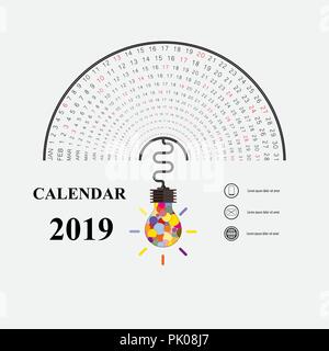 2019 Calendar Template with idea light bulb icon.Semicircle calendar.Calendar 2019 Set of 12 Months.Yearly calendar vector design stationery template. Stock Vector