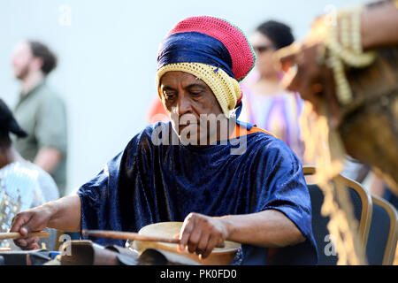 Improv Jazz troupe Sun Ra Arkestra made a rare hometown appearance at the Summer Concert Series in University City, Philadelphia, PA, on July 28, 2012 Stock Photo