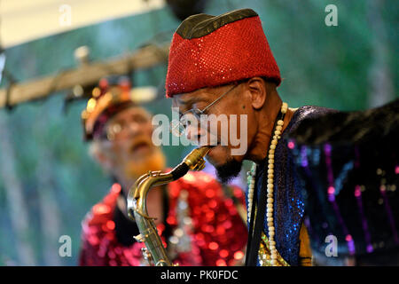 Improv Jazz troupe Sun Ra Arkestra made a rare hometown appearance at the Summer Concert Series in University City, Philadelphia, PA, on July 28, 2012 Stock Photo