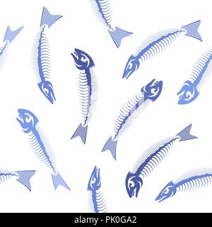 Blue Fish Bone Skeleton Seamless Pattern. Sea Fishes Icons. Stock Vector