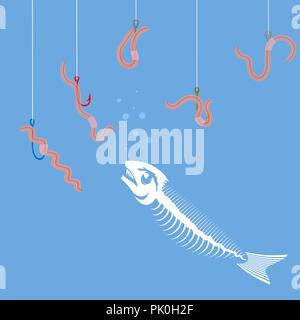 White Fish Bone Skeleton. Set of Colored Fishing Hooks and Red Worms. Stock Vector