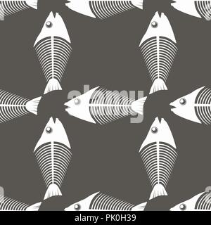 Fish Bone Skeleton Seamless Pattern. Sea Fishes Icons. Stock Vector