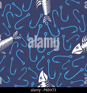 White Fish Bone Skeleton and Fishing Hooks Seamless Pattern. Sea Fishes Icons. Stock Vector