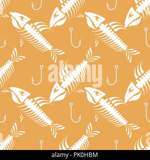 White Fish Bone Skeleton Seamless Pattern. Sea Fishes Icons. Stock Vector