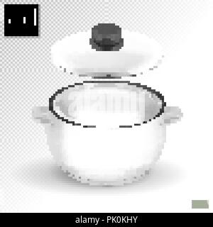 Enameled white saucepan with lid. Realistic vector on transparent background, 3d illustration Stock Vector