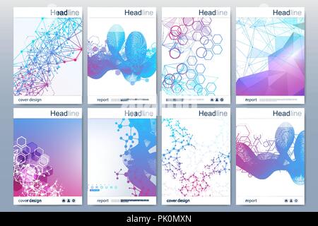 Business templates brochure, magazine, leaflet , flyer, cover, booklet, annual report. Scientific concept for medical, technology chemistry Hexagonal molecule structure Dna atom neurons Stock Vector