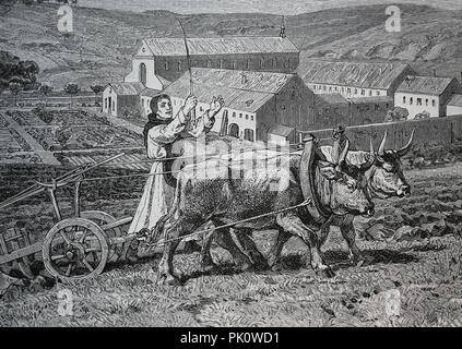 Middle Ages. German monks plowing the earth. Engraving of Germania, 1882. Stock Photo