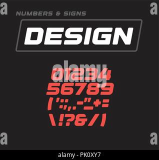Numbers and signs collection. Italic bold geometric softed alphabet addition, geometrical design. Sport game vector font template on black background. Stock Vector