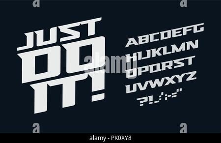 Drive vector alphabet. Race modern serif font. Dynamic movement letters set. White bold italic typeset on dark background. Stock Vector