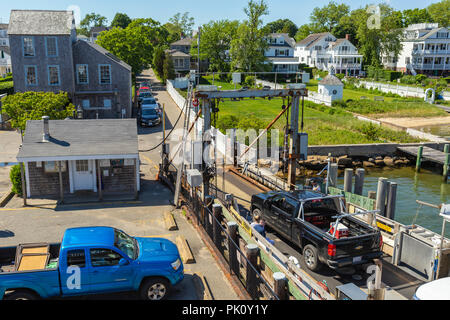 A Chappy Ferry docks in downtown Edgartown, Massachusetts after the short crossing from Chappaquiddick Island. Stock Photo
