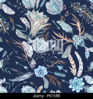 Seamless texture with feathers, flowers and crystals isolated on dark blue background for textile and wallpaper design Stock Photo