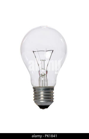 Incandescent lamp with transparent glass bulb and E27 europe connection. Old standard of consumption obsolete and prohibited by current regulations. Stock Photo
