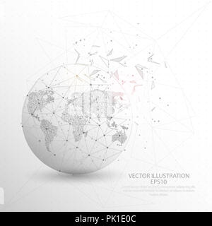 World map globe point, line and composition digitally drawn in the form of broken a part triangle shape and scattered dots low poly wire frame on whit Stock Photo