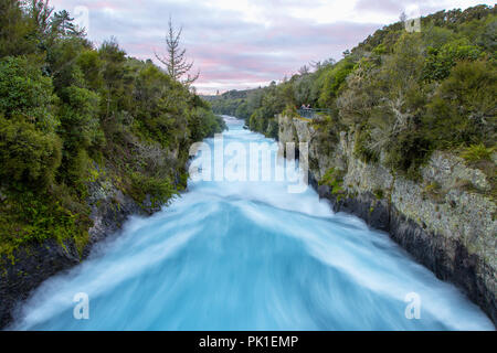 Huka Falls at Waikato River close to Taupo rushing down a gorge, New Zealand South Island, Waterfall Stock Photo