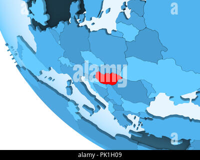 Hungary highlighted in red on blue political globe with transparent oceans. 3D illustration. Stock Photo