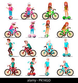 People Riding Hoverboard, Bicycle Vector. City Bike. Outdoor Sport Activity. Gyro Scooter. Activity. Two-Wheel Electric Self-Balancing Scooter. Eco Friendly. Isolated Illustration Stock Vector