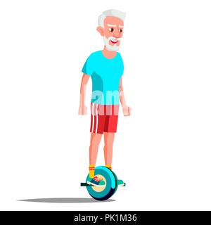 Old Man On Hoverboard Vector. Riding On Gyro Scooter. One-Wheel Electric Self-Balancing Scooter. Positive Person. Isolated Illustration Stock Vector