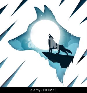 Cartoon paper landscape. Wolf illustration. Stock Vector