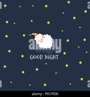Cute little sheep on the night sky. Sweet dreams. vector illustration Stock Vector