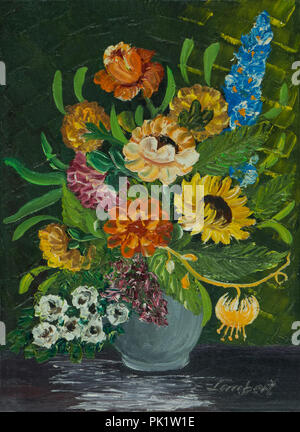 Still life with oil paints - Different flowers in a grey vase against a green background Stock Photo