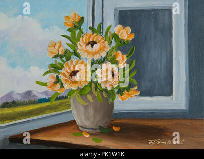 Still life with oil paints - Orange flowers at the window in a beige vase Stock Photo