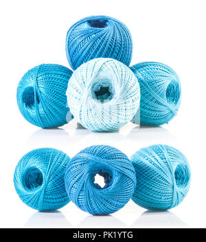 Blue cotton yarn balls isolated on white Stock Photo