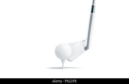 Blank white golf ball on tee with stick mockup, 3d rendering. Empty golfing equipment mock up, stand isolated. Clear bandy and sport bal, front view.  Stock Photo