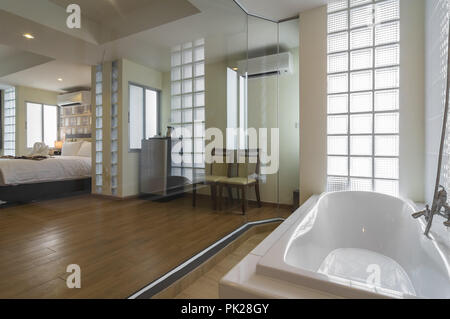 BANGKOK, THAILAND - SEP 25 : The junior Pool Access room type of the Suvarnabhumi ville Hotel which include bathroom. is located near Suvarnabhumi air Stock Photo