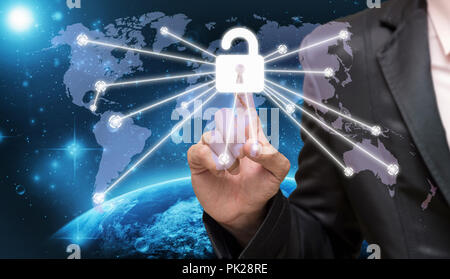 Businessman pointing or touching the key icon symbol on world map with Part of earth network line background, business connection concept,Elements of  Stock Photo