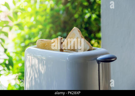 Toaster Bread slices in toaster at out door with photo blurred of tree background Stock Photo